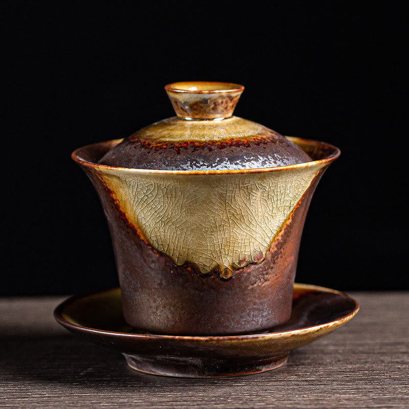Vintage Braune Ofenkeramik Gaiwan Sancai Teetasse mit Deckel