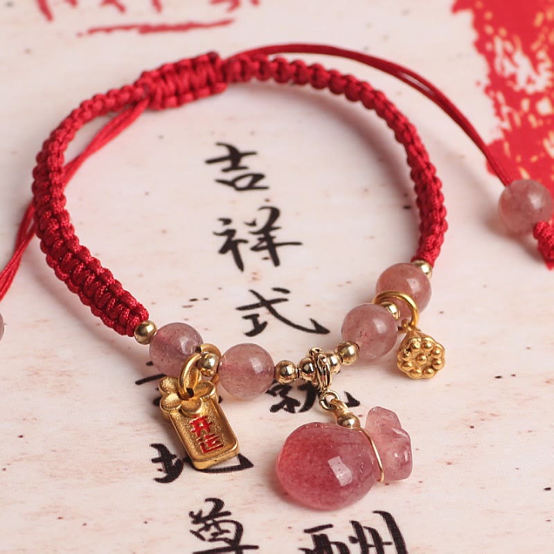 Strawberry Quartz Love Healing Bracelet with Lotus & Red String