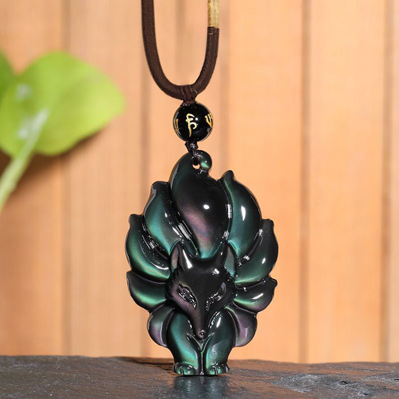 Natural Rainbow Obsidian Nine Tailed Fox Pendant