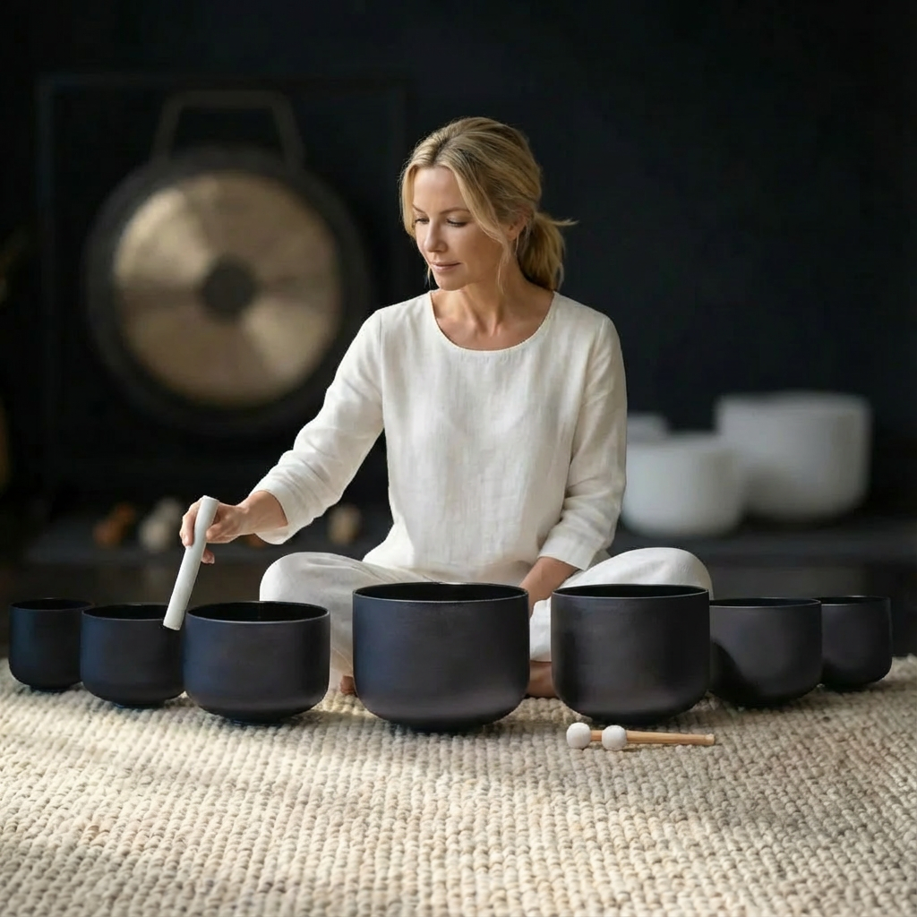 7-teiliges Klangschalen-Set aus schwarzem Kristall für Klangbäder