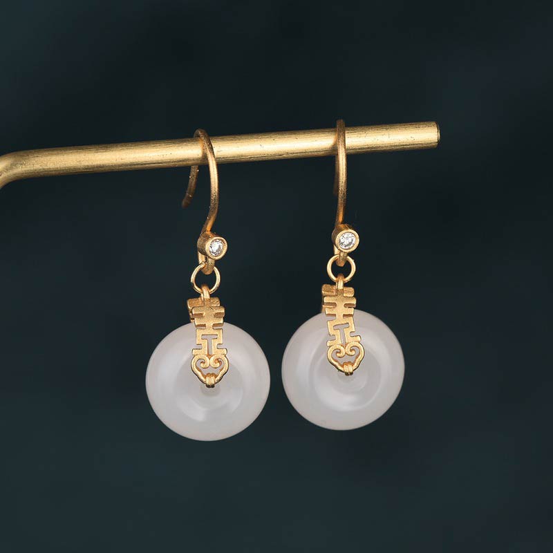 Weiße Jade Double Happiness Fortune Ohrringe 1,34 Zoll Tropfen
