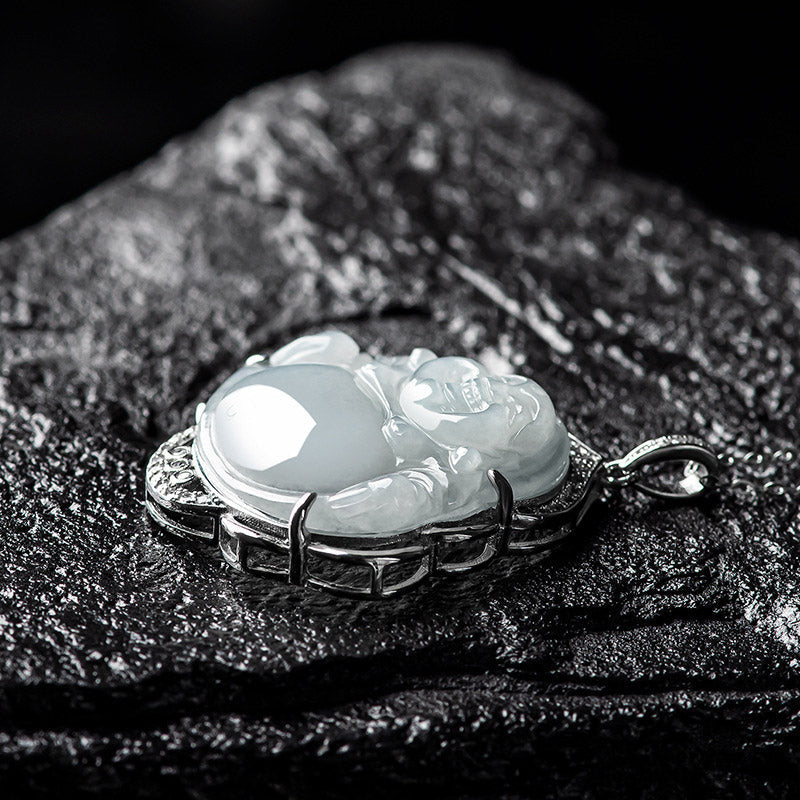 Jade-Halskette aus 925er Sterlingsilber | Lachender Buddha-Überfluss