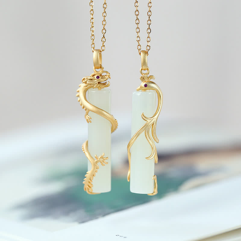 White Jade Copper Dragon Pendant Necklace for Protection