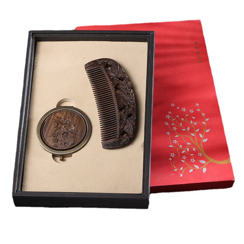 Green Sandalwood Rosewood Soothing Comb with Lotus and Peacock Engraving