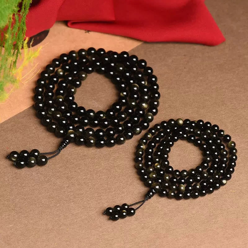 Goldschimmerndes Obsidian-Reichtums-Mala-Armband mit 108 Perlen
