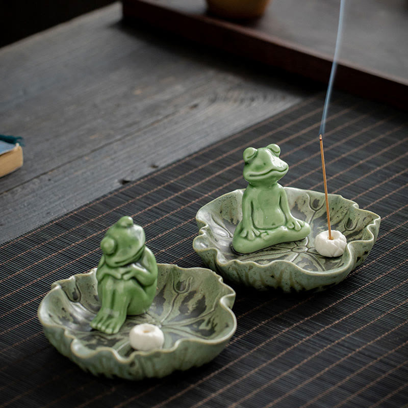 Ceramic Incense Burner | Lotus Leaf Meditation Frog 11cm
