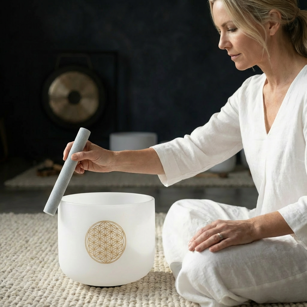 528 Hz C-Note, hohes C, Blume des Lebens, mattierte Kristallschale