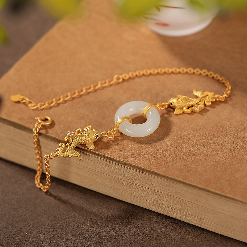 White Jade Koi Fish Prosperity Bracelet for Luck