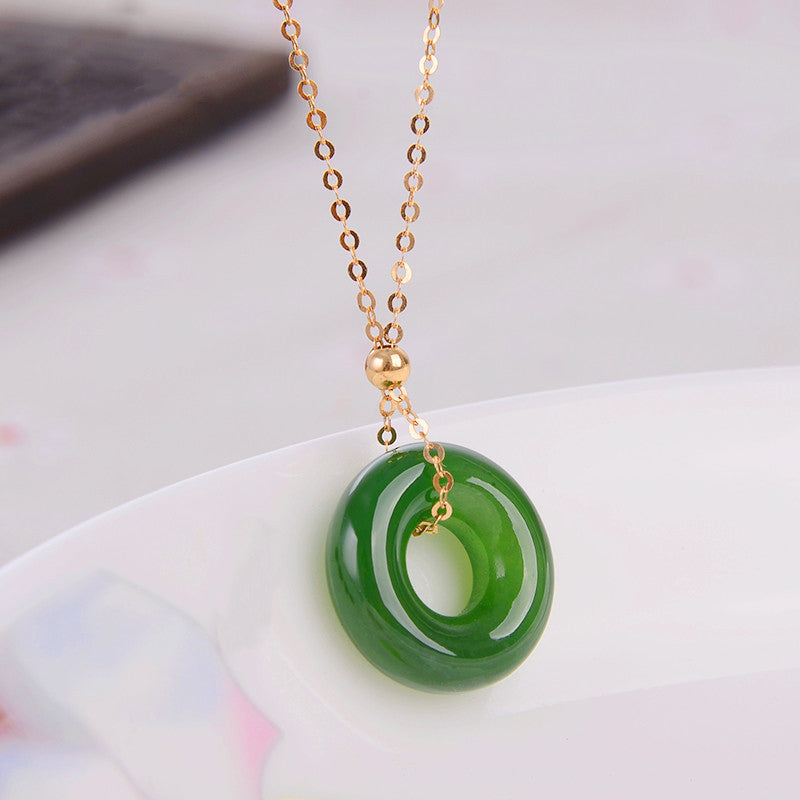Unisex Runde Cyan Jade Heilung Halskette 14K Gold Anhänger