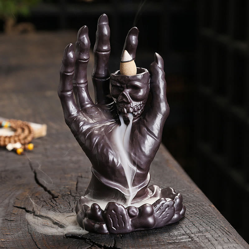 Brown Ceramic Incense Burner Skull Hand Decoration