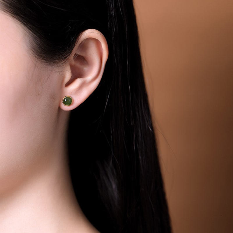 8 mm Cyan Jade Ohrstecker in Sterling Silber vergoldet für Glück