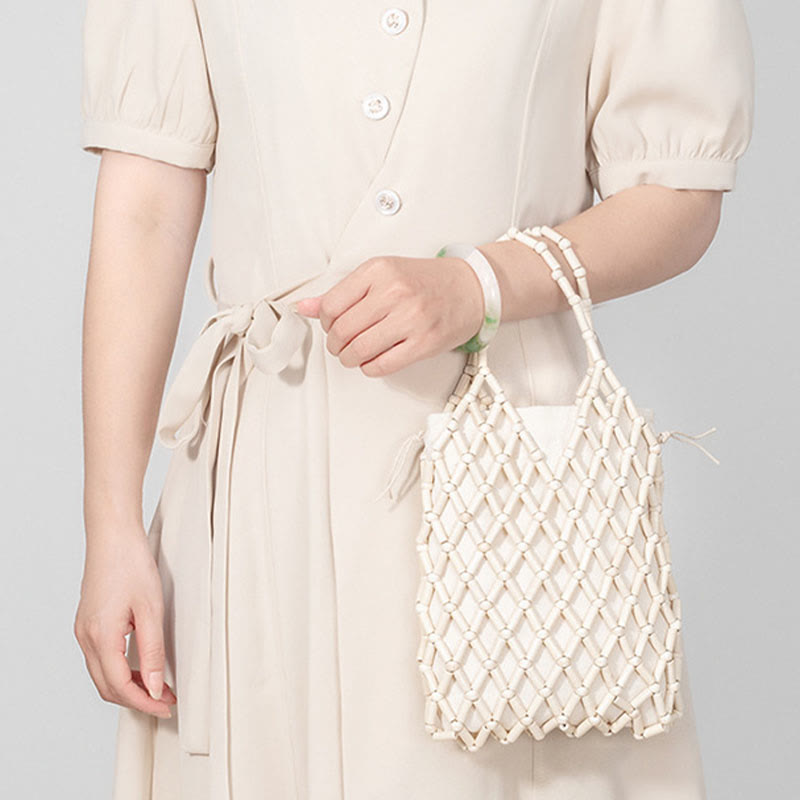 Handgewebte Netztasche mit hohlen Holzperlen | Spiritueller Schmuck