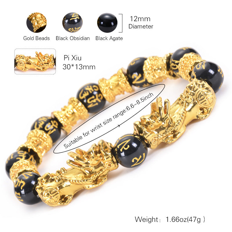 Unisex-Reichtumsarmband mit doppeltem Pixiu-Obsidian, 12 mm