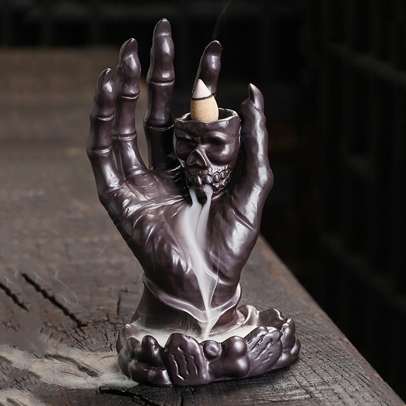 Brown Ceramic Incense Burner Skull Hand Decoration