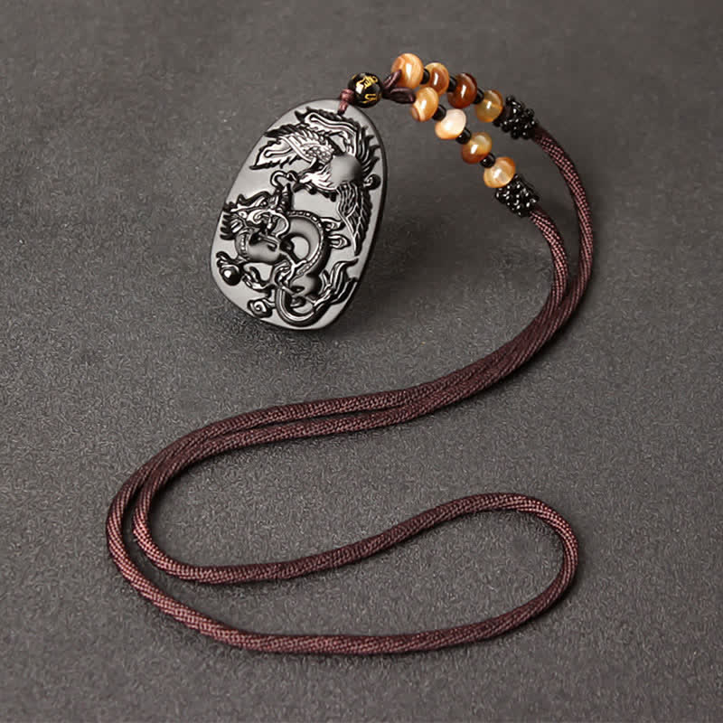 Schwarze Obsidian-Drachen-Halskette mit Tigerauge-Anhänger zum Schutz