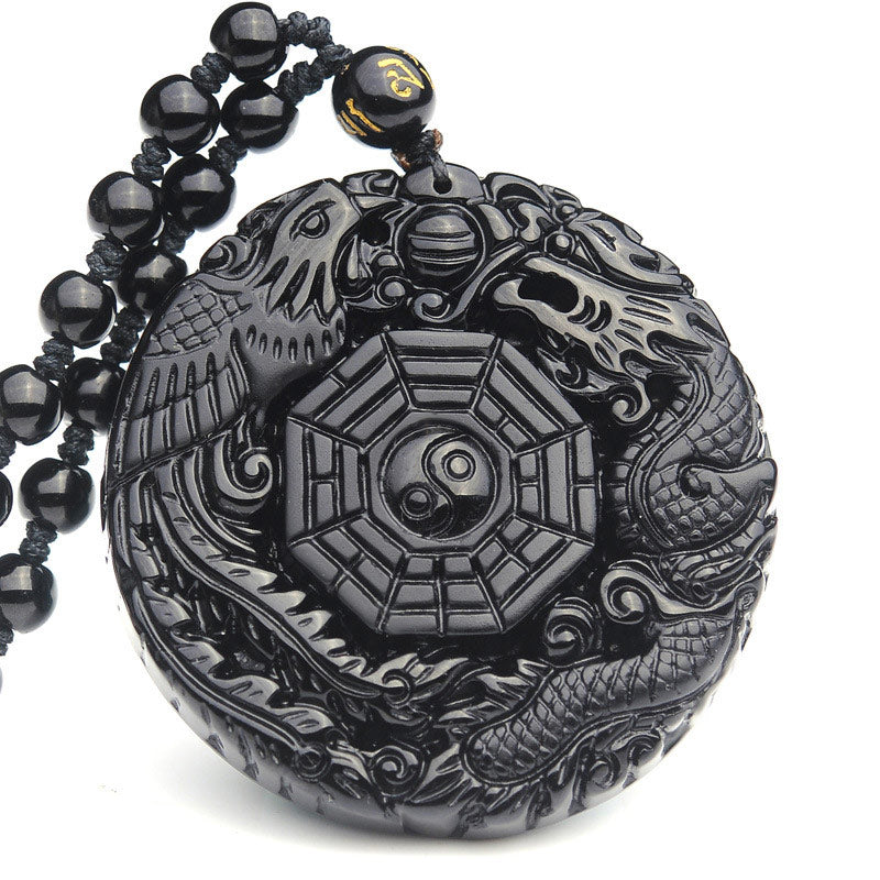 Obsidian Bagua Dragon Phoenix Fulfilment Pendant Necklace