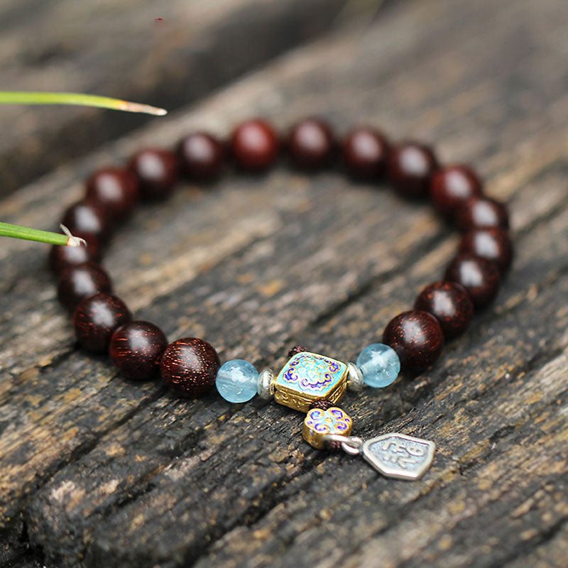 Aquamarine Bracelet with Red Sandalwood & 925 Silver Blessings