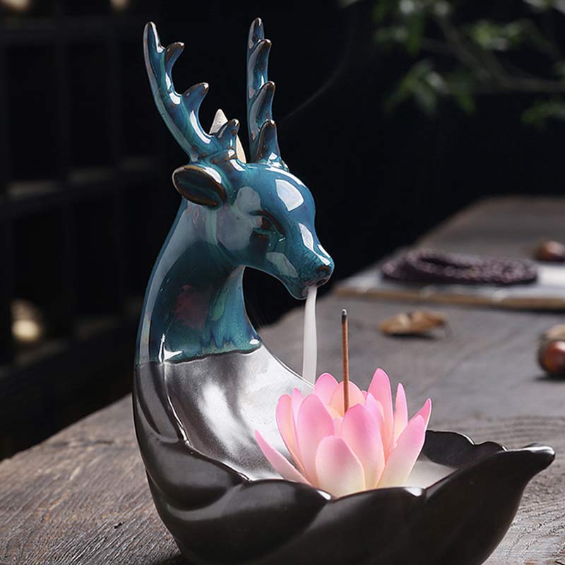 Ceramic Lotus Backflow Incense Burner with Deer 18cm