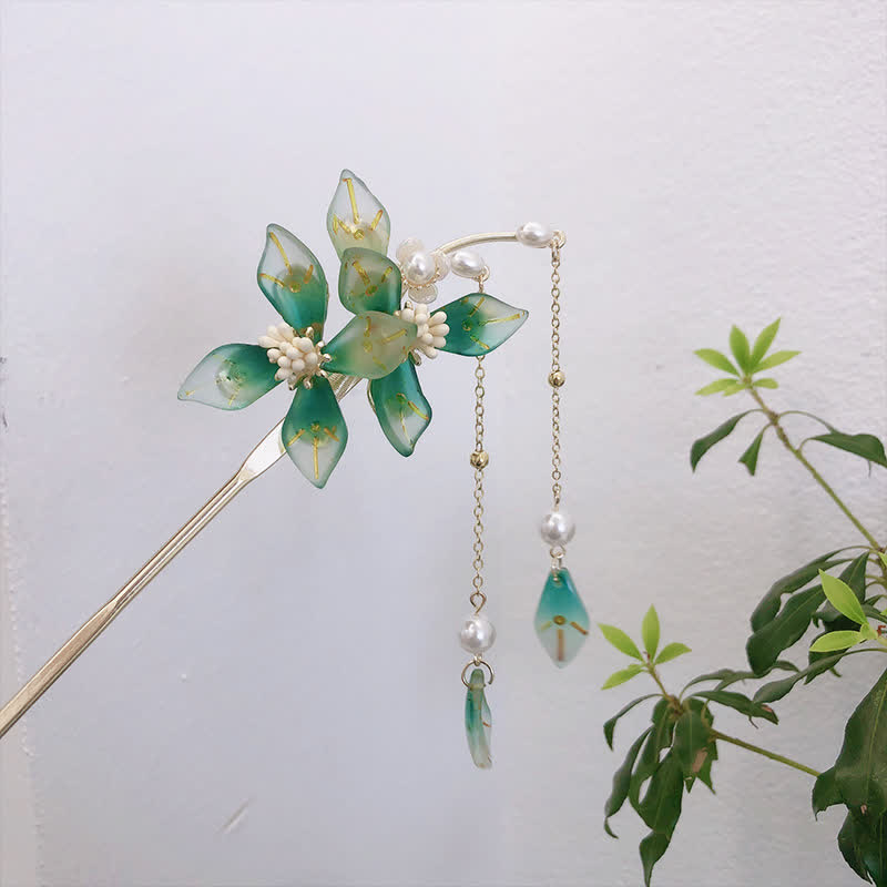 Haarnadel mit Perlen-Blumen-Blatt-Quaste für Ruhe und Reichtum