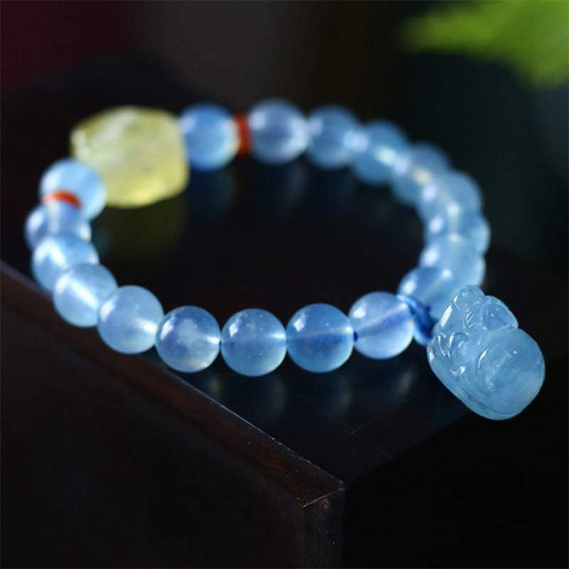 9 mm Aquamarin-Bernstein-Pixiu-Peace-Heilungsarmband
