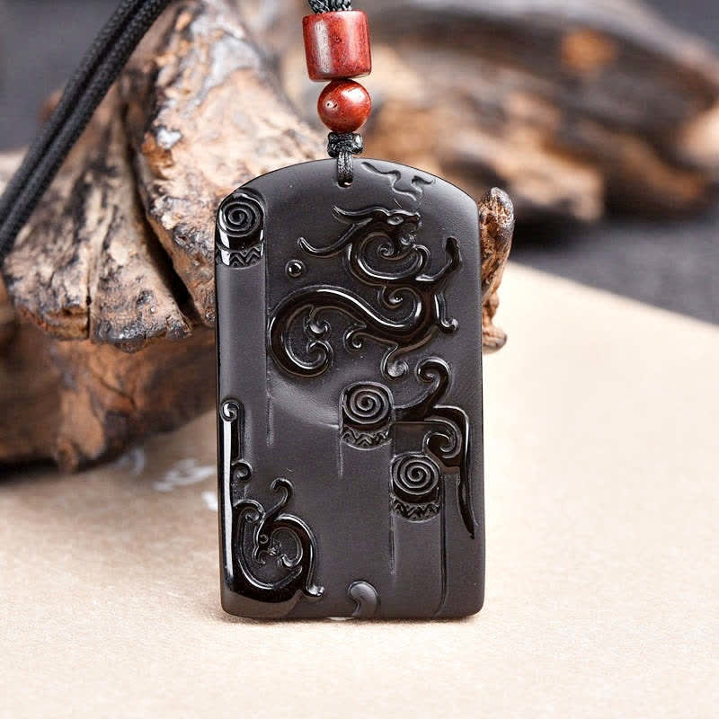 Black Obsidian Dragon Phoenix Necklace for Success & Protection