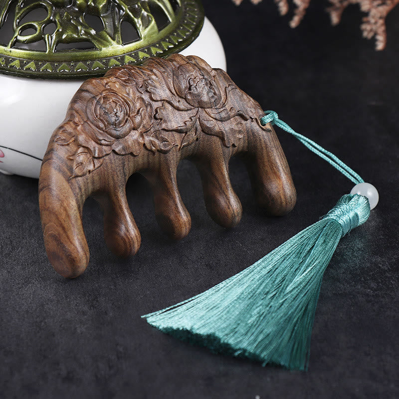 Green Sandalwood Tassel Comb with Lotus & Koi Fish Symbols