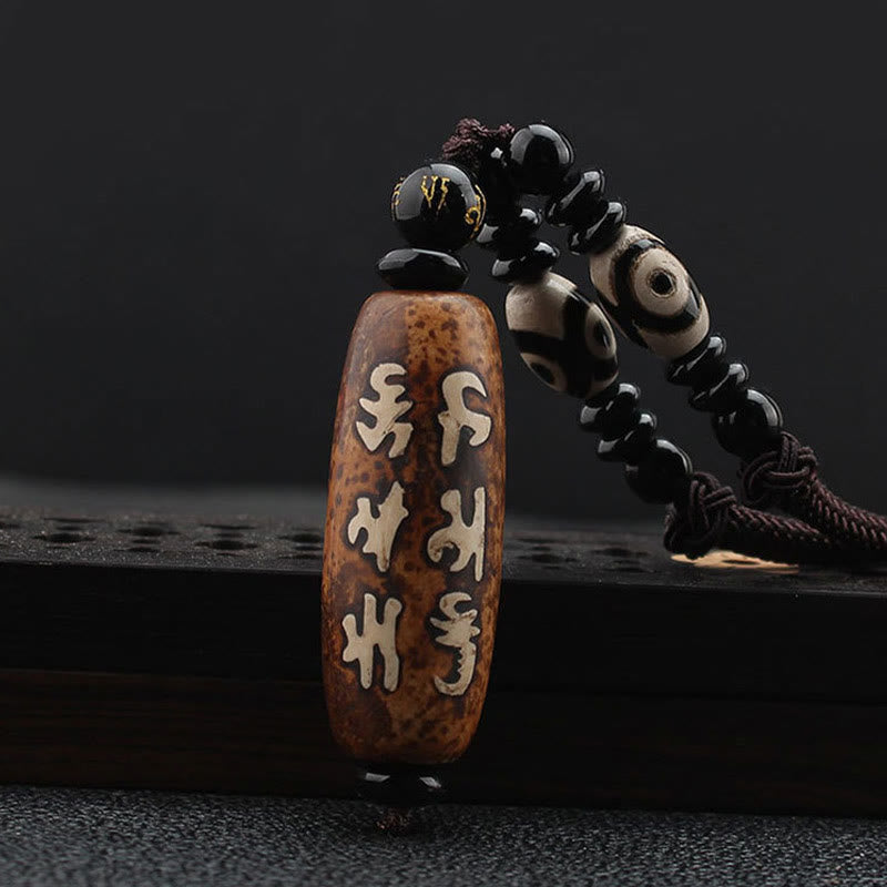 Om Mani Padme Hum Dzi Bead Necklace with Avalokitesvara Pattern