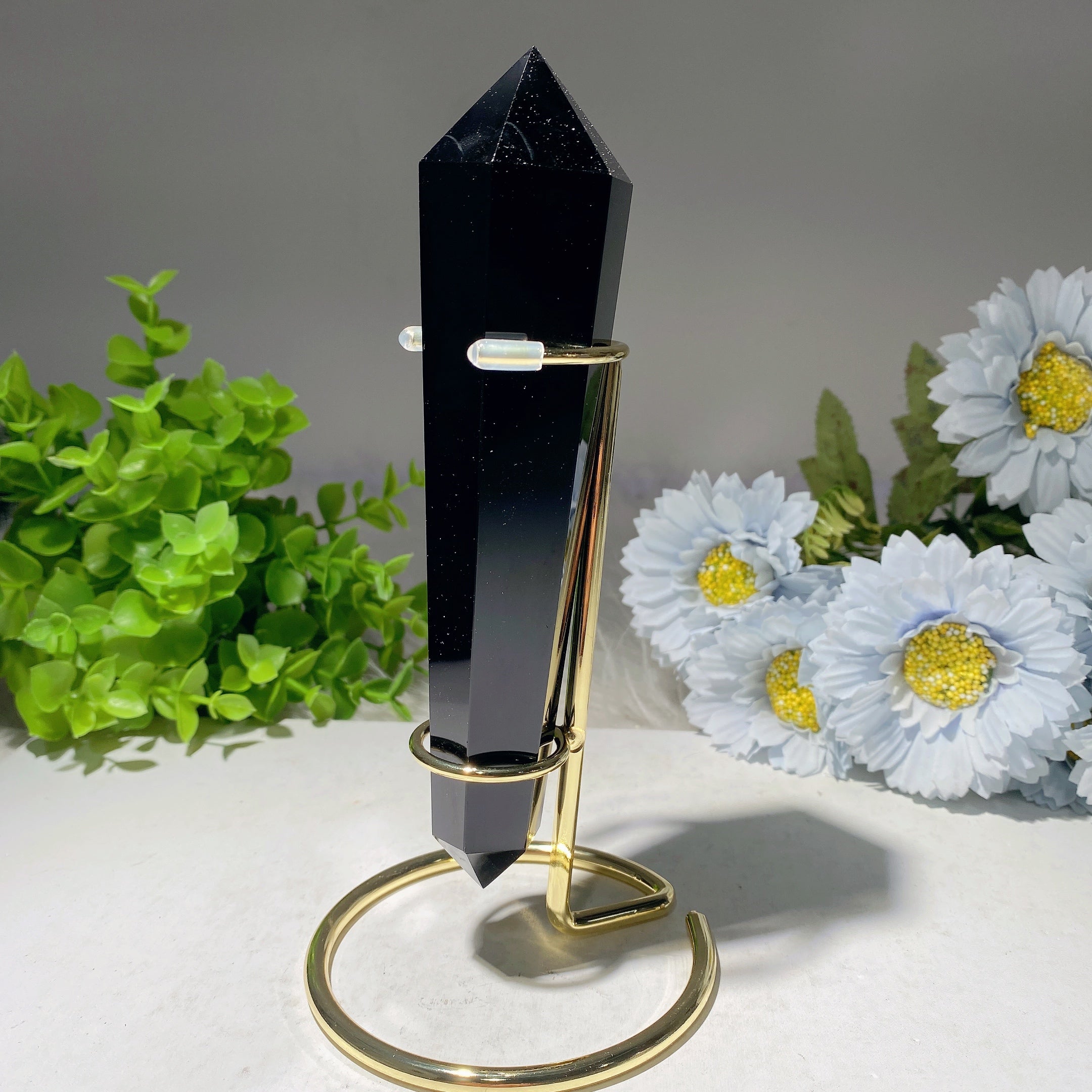 6,2 Zoll schwarze Obsidian-Kristallspitze mit Ständer