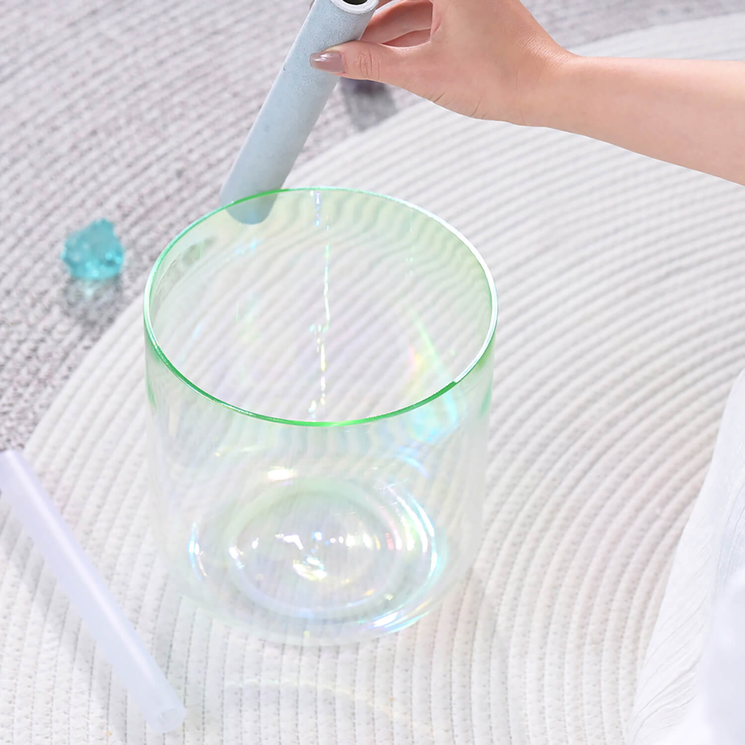 Glass container with green-tinted rim for 6-7 inch Quartz Crystal Singing Bowl