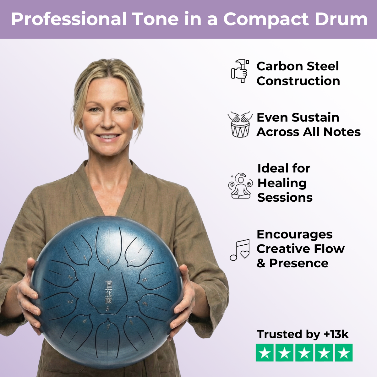 6''-Zungentrommel aus Kohlenstoffstahl, 11-Ton-Tonart C/D – Lotus-Design