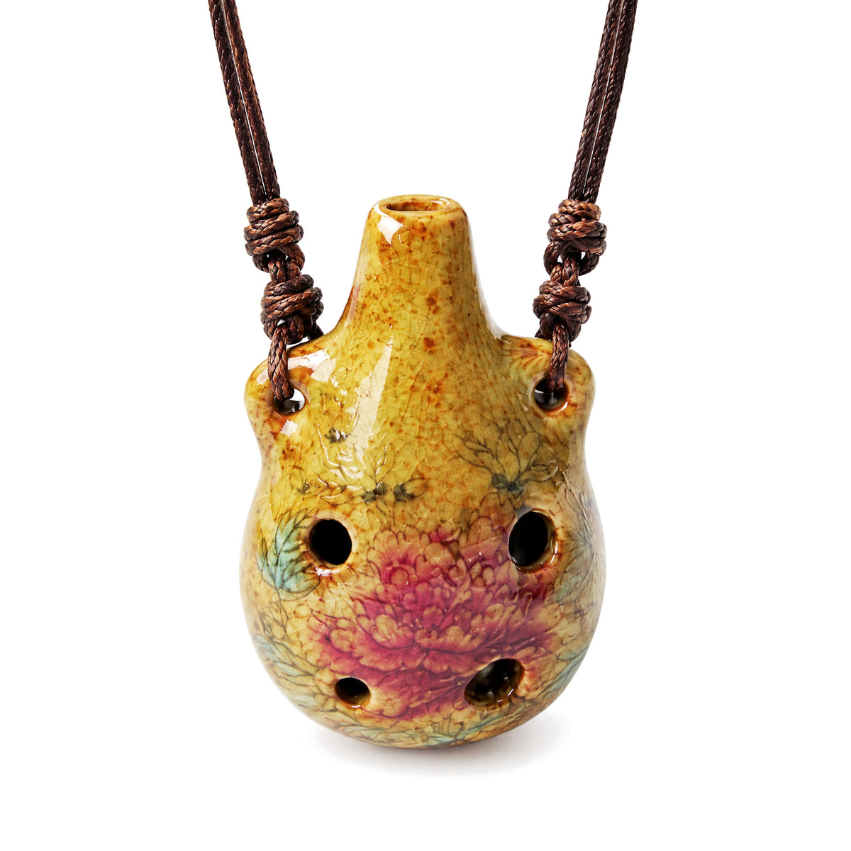Beginner's 6-Hole Alto C Ocarina Pendant, Retro Peony, on a white background