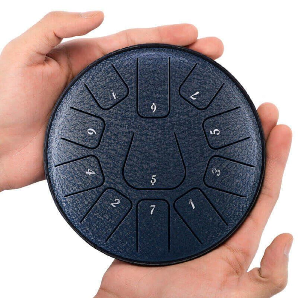 Black circular drum with numbered segments in radial pattern on 6-Inch Carbon Steel Tongue Drum