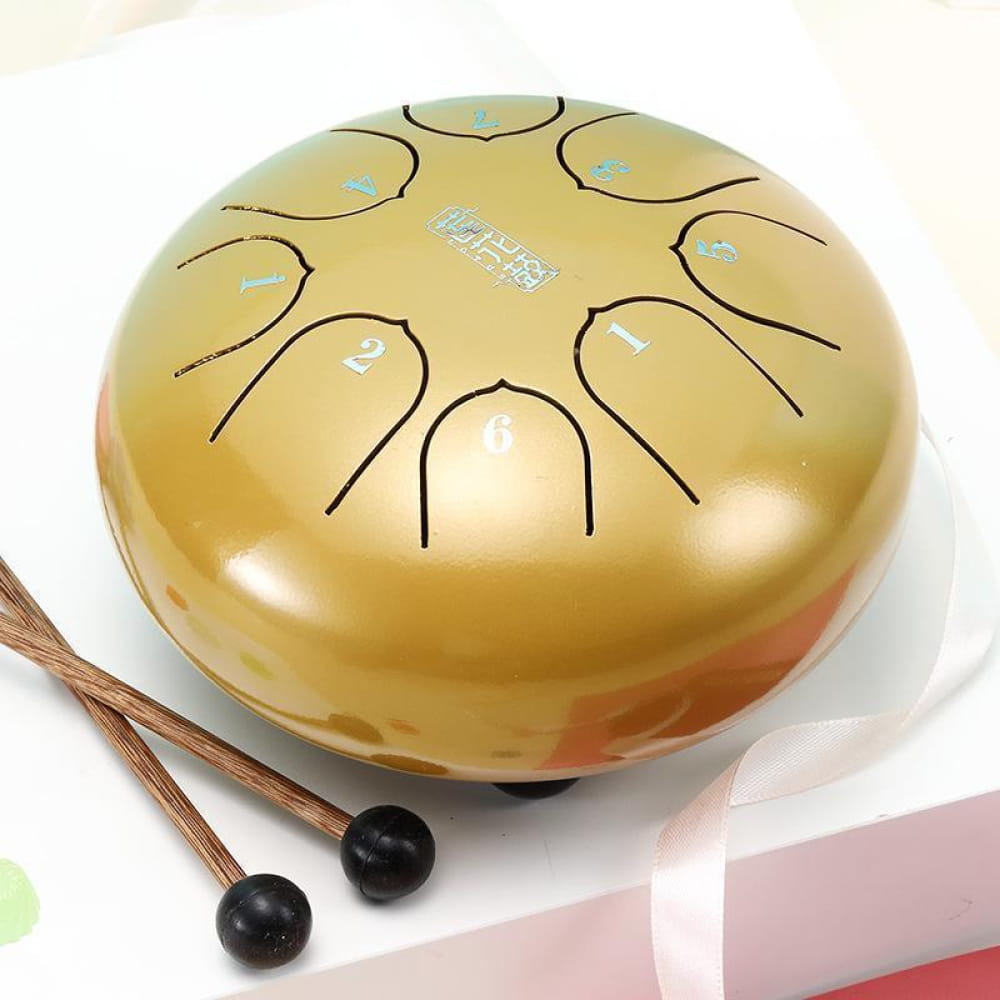 Golden Steel Tongue Drum with Black Mallets for Beginners and Kids, 8 Notes