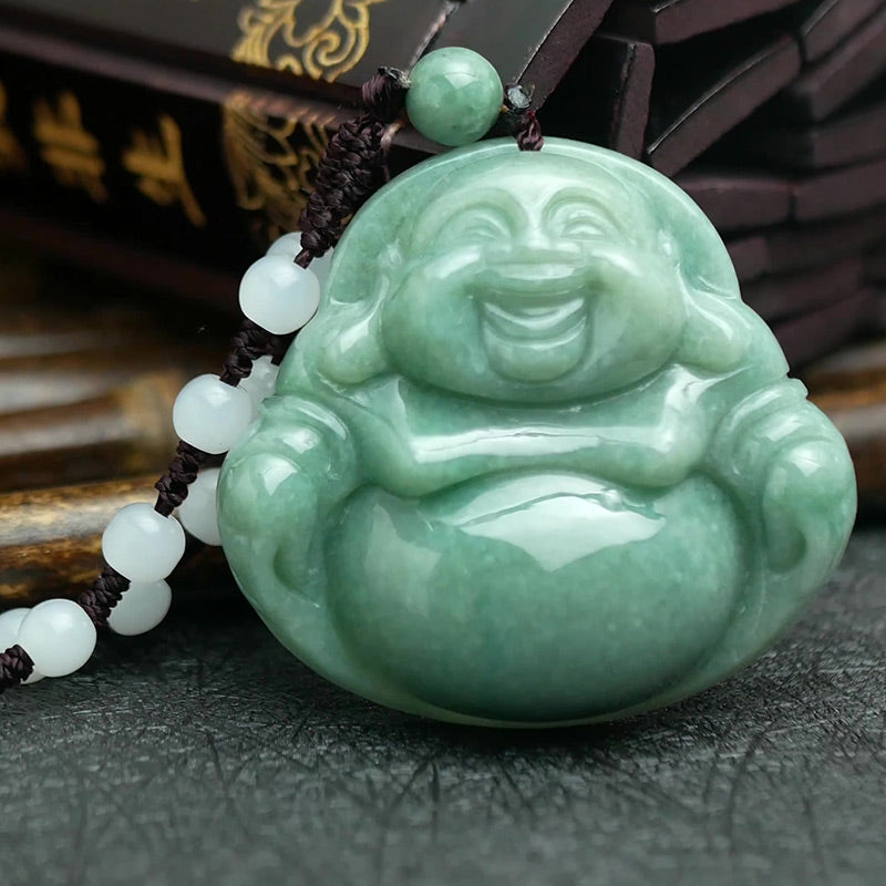 Lachender Buddha Cyan Jade Harmonie Halskette