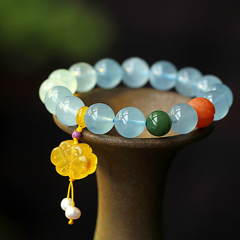 Aquamarine & Amber Peace Bracelet with Chinese Knot Charm