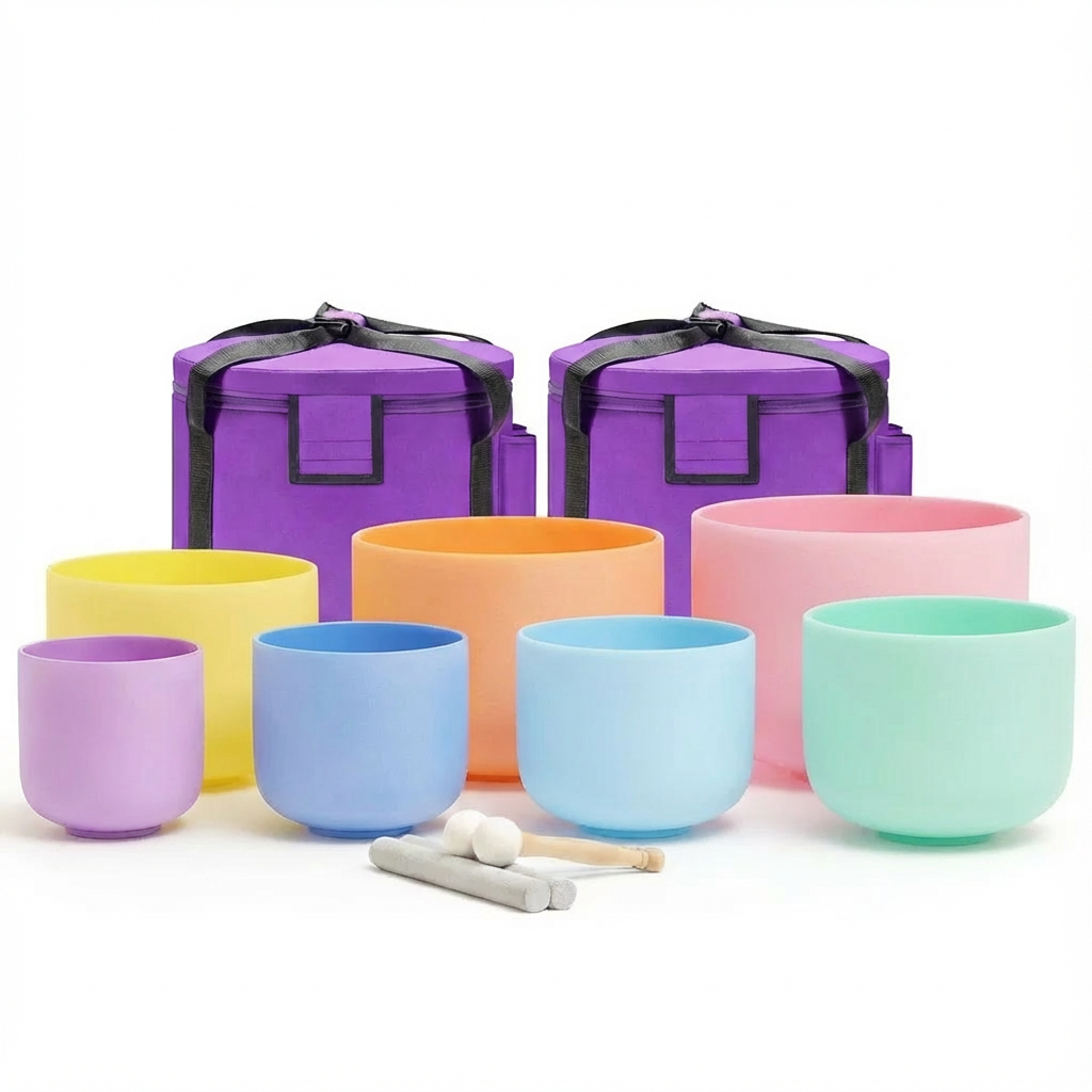 Pastellfarbenes Kristallklangschalen-Set zur Meditation