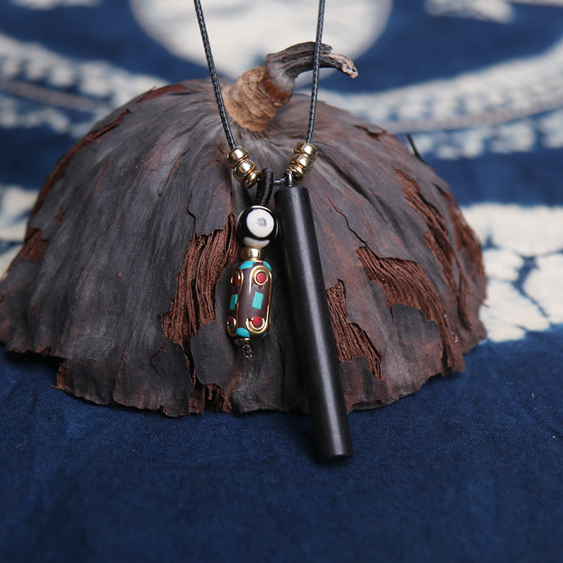 Ebony Wood Dzi Bead Necklace for Spiritual Protection & Peace