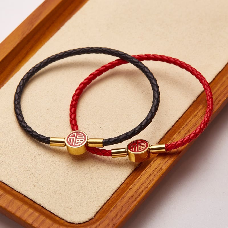 Fu Character Leather Buckle Bracelet for Good Fortune & Blessing