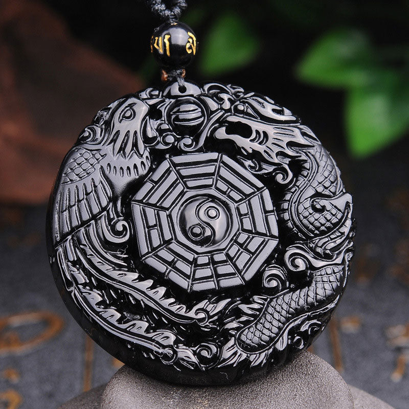 Obsidian Bagua Dragon Phoenix Fulfilment Pendant Necklace