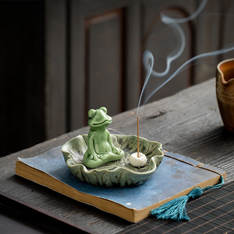 Ceramic Incense Burner | Lotus Leaf Meditation Frog 11cm