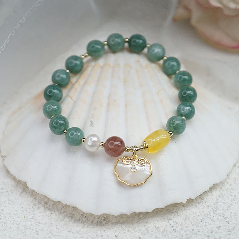 8 mm Jade-Muschel-Glücksarmband mit Ruyi-Schloss-Anhänger