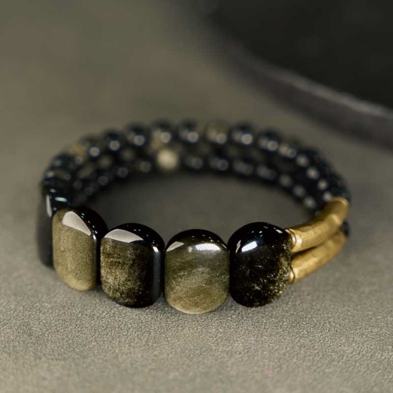 Schwarzes Obsidian-Armband mit Goldglanz-Obsidian, Stärke, 16 cm