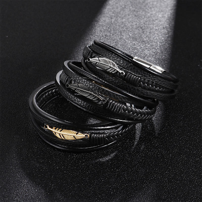 Feather Pattern Titanium Steel Spiritual Bracelet 21.5cm Calm