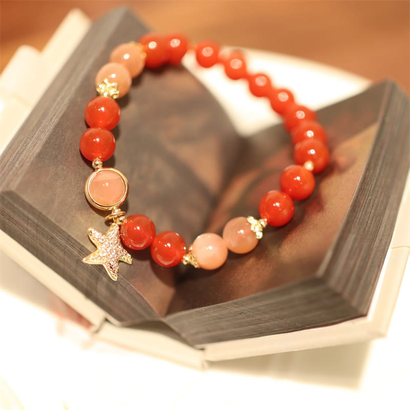 8mm Moonstone Wealth Bracelet with Sun Stone & Red Agate