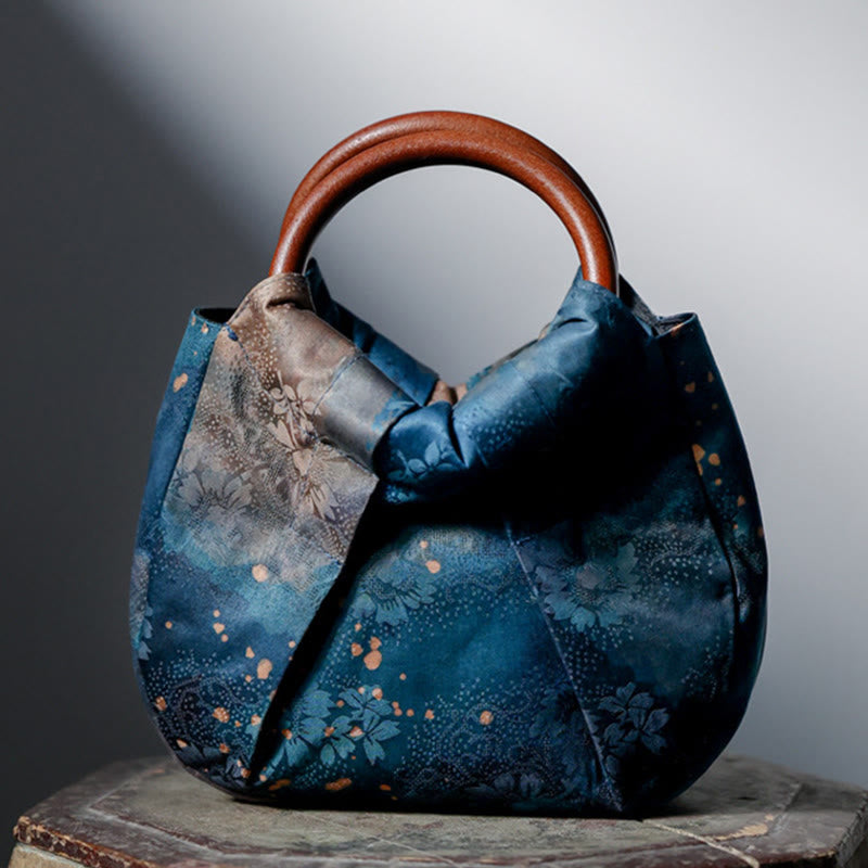 Blaue, handgefertigte Jacquard-Tasche mit Blumen-Holzgriff, 23 cm