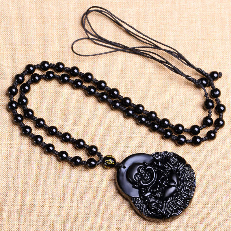 Schwarze Obsidian Lachender Buddha Kraft Schutz Halskette