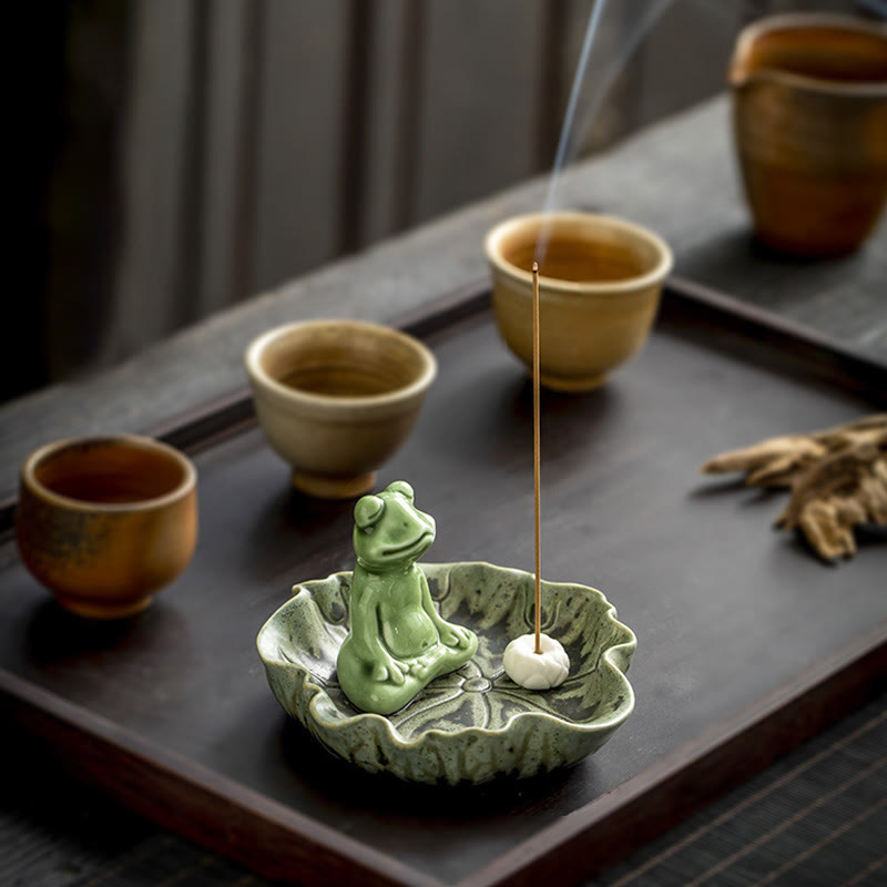 Ceramic Incense Burner | Lotus Leaf Meditation Frog 11cm