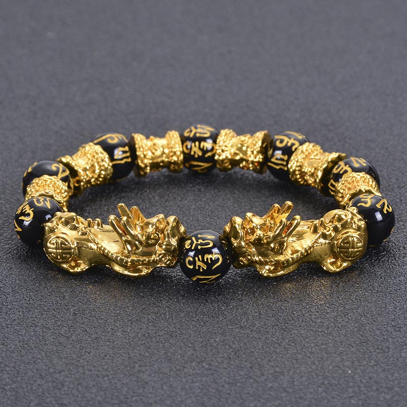 Unisex-Reichtumsarmband mit doppeltem Pixiu-Obsidian, 12 mm
