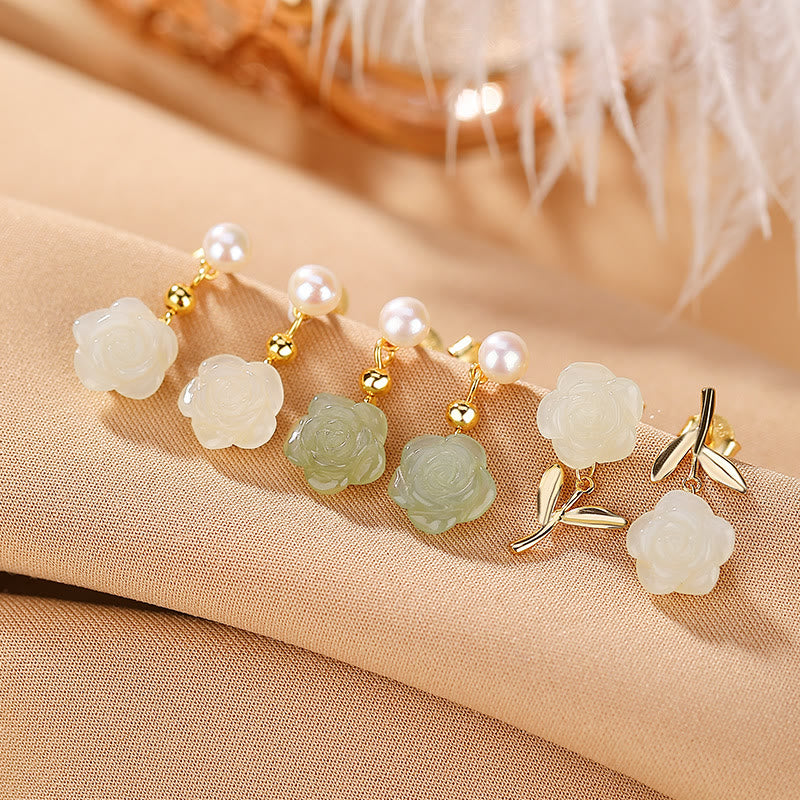 Gold Plated 925 Silver Jade Rose Flower Luck Earrings
