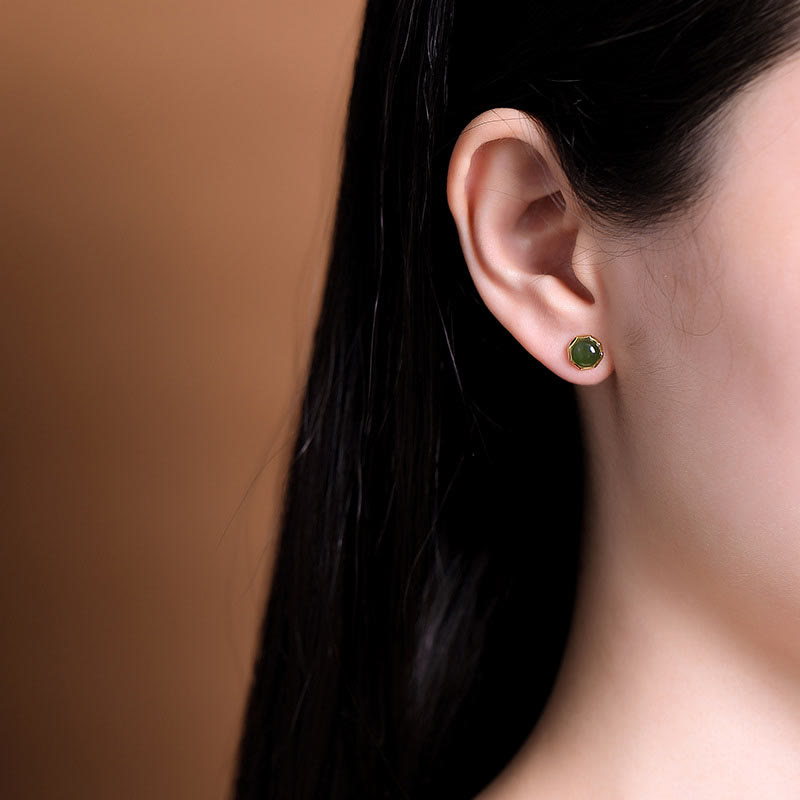 8 mm Cyan Jade Ohrstecker in Sterling Silber vergoldet für Glück